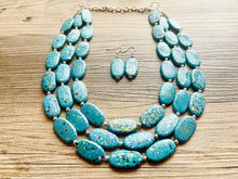 Load image into Gallery viewer, Paint splatter Blue Necklace, 3 Strand Statement Jewelry, aqua teal Chunky bib bridesmaid everyday bubble jewelry earrings