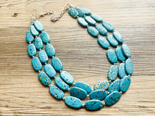 Load image into Gallery viewer, Paint splatter Blue Necklace, 3 Strand Statement Jewelry, aqua teal Chunky bib bridesmaid everyday bubble jewelry earrings