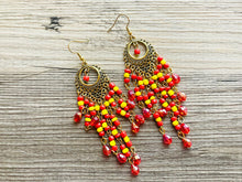 Load image into Gallery viewer, Red Yellow &amp; Gold Flutter Beaded Tassel statement earrings, metal jewelry, marigold geometric earrings pierced dangle drop chunky