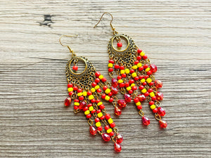 Red Yellow & Gold Flutter Beaded Tassel statement earrings, metal jewelry, marigold geometric earrings pierced dangle drop chunky