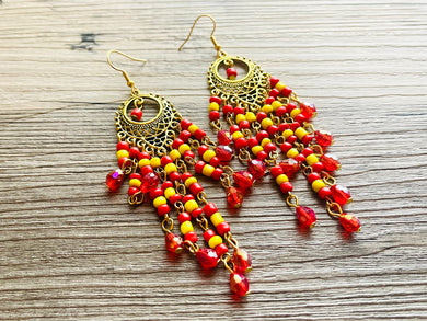 Red Yellow & Gold Flutter Beaded Tassel statement earrings, metal jewelry, marigold geometric earrings pierced dangle drop chunky