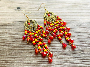 Red Yellow & Gold Flutter Beaded Tassel statement earrings, metal jewelry, marigold geometric earrings pierced dangle drop chunky