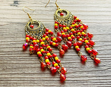 Load image into Gallery viewer, Red Yellow &amp; Gold Flutter Beaded Tassel statement earrings, metal jewelry, marigold geometric earrings pierced dangle drop chunky