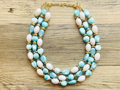Coastline Park Chunky Multi Strand Blue white Statement Necklace, aqua blue beaded jewelry, white jewelry, turquoise bridesmaid dressy gold