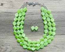 Load image into Gallery viewer, Lime Green 3 Strand Statement Necklace, Chunky Jewelry Big Beaded Necklace, sunshine neon green Necklace, earrings Jewelry Geometric set