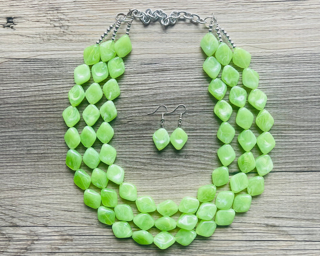 Lime Green 3 Strand Statement Necklace, Chunky Jewelry Big Beaded Necklace, sunshine neon green Necklace, earrings Jewelry Geometric set