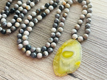 Load image into Gallery viewer, GemStone Chunky Statement Necklace, white yellow striped gemstone necklace, long gem jewelry beaded necklace, agate jewelry pendant long