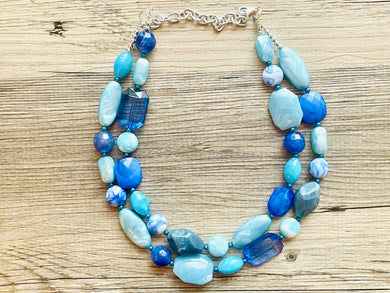 Painted BlueSky Statement Necklace, chunky bib beaded jewelry, turquoise aqua teal necklace, beaded acrylic jewelry collar floral blue