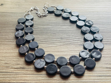 Black Water Chunky Statement Necklace double Strand Beaded jewelry, bridesmaid bib wedding glitter, round bubble necklace earrings