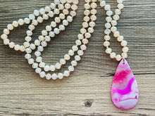 Load image into Gallery viewer, GemStone Chunky Statement Necklace, pink purple white matte striped gemstone necklace, long gem jewelry beaded agate jewelry pendant