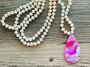 GemStone Chunky Statement Necklace, pink purple white matte striped gemstone necklace, long gem jewelry beaded agate jewelry pendant