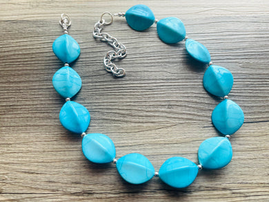 Drenched Water Necklace, Teal Blue single strand Beaded Statement, Chunky Bib Teal Multi-Strand Jewelry Light blue swirl beads ocean side