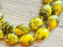 Load image into Gallery viewer, Bubble bee Swirl Yellow Statement Necklace, chunky bib beaded jewelry, Summer jewelry, black necklace, beaded acrylic jewelry bumblebee