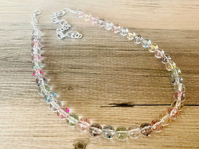 Rainbow Glitter Statement Necklace, rainbow round beaded jewelry, single strand bead silver green purple blue