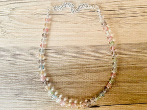 Rainbow Glitter Statement Necklace, rainbow round beaded jewelry, single strand bead silver green purple blue