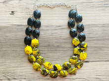 Load image into Gallery viewer, Bubble bee Swirl Yellow Statement Necklace, chunky bib beaded jewelry, Summer jewelry, black necklace, beaded acrylic jewelry bumblebee