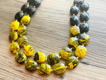 Load image into Gallery viewer, Bubble bee Swirl Yellow Statement Necklace, chunky bib beaded jewelry, Summer jewelry, black necklace, beaded acrylic jewelry bumblebee