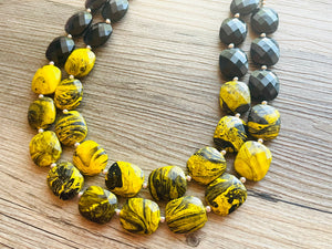 Bubble bee Swirl Yellow Statement Necklace, chunky bib beaded jewelry, Summer jewelry, black necklace, beaded acrylic jewelry bumblebee