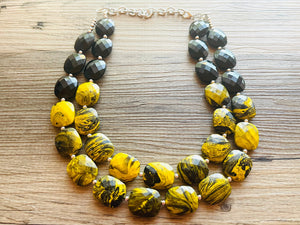 Bubble bee Swirl Yellow Statement Necklace, chunky bib beaded jewelry, Summer jewelry, black necklace, beaded acrylic jewelry bumblebee