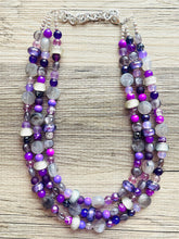 Load image into Gallery viewer, Purple Party Jewel Statement Necklace, chunky bib beaded jewelry, Summer gray necklace, beaded acrylic jewelry dark purple eggplant lavender