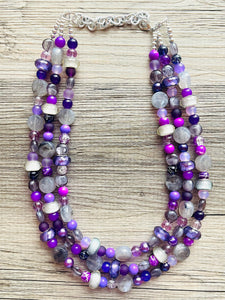 Purple Party Jewel Statement Necklace, chunky bib beaded jewelry, Summer gray necklace, beaded acrylic jewelry dark purple eggplant lavender