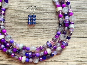 Purple Party Jewel Statement Necklace, chunky bib beaded jewelry, Summer gray necklace, beaded acrylic jewelry dark purple eggplant lavender