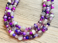 Load image into Gallery viewer, Purple Party Jewel Statement Necklace, chunky bib beaded jewelry, Summer gray necklace, beaded acrylic jewelry dark purple eggplant lavender