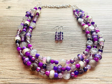 Load image into Gallery viewer, Purple Party Jewel Statement Necklace, chunky bib beaded jewelry, Summer gray necklace, beaded acrylic jewelry dark purple eggplant lavender