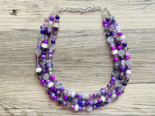Load image into Gallery viewer, Purple Party Jewel Statement Necklace, chunky bib beaded jewelry, Summer gray necklace, beaded acrylic jewelry dark purple eggplant lavender