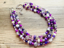 Load image into Gallery viewer, Purple Party Jewel Statement Necklace, chunky bib beaded jewelry, Summer gray necklace, beaded acrylic jewelry dark purple eggplant lavender