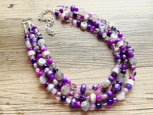 Purple Party Jewel Statement Necklace, chunky bib beaded jewelry, Summer gray necklace, beaded acrylic jewelry dark purple eggplant lavender