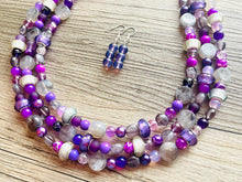 Load image into Gallery viewer, Purple Party Jewel Statement Necklace, chunky bib beaded jewelry, Summer gray necklace, beaded acrylic jewelry dark purple eggplant lavender