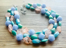 Load image into Gallery viewer, Periwinkle Party Statement Necklace, Triple Strand Chunky Beaded Necklace Jewelry, Spring Jewelry, blue Necklace, turquoise coral peach pink