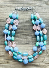 Load image into Gallery viewer, Periwinkle Party Statement Necklace, Triple Strand Chunky Beaded Necklace Jewelry, Spring Jewelry, blue Necklace, turquoise coral peach pink