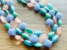 Load image into Gallery viewer, Periwinkle Party Statement Necklace, Triple Strand Chunky Beaded Necklace Jewelry, Spring Jewelry, blue Necklace, turquoise coral peach pink