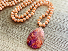 Load image into Gallery viewer, GemStone Chunky Statement Necklace, orange purple Dragon Vein striped gemstone necklace, long gem jewelry beaded agate champagne pendant