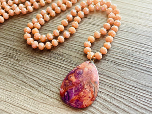 GemStone Chunky Statement Necklace, orange purple Dragon Vein striped gemstone necklace, long gem jewelry beaded agate champagne pendant