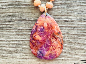 GemStone Chunky Statement Necklace, orange purple Dragon Vein striped gemstone necklace, long gem jewelry beaded agate champagne pendant