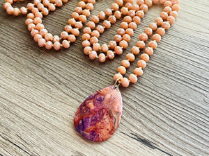 GemStone Chunky Statement Necklace, orange purple Dragon Vein striped gemstone necklace, long gem jewelry beaded agate champagne pendant