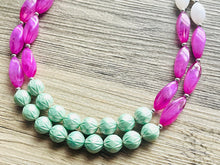 Load image into Gallery viewer, Green &amp; Pink Double Statement Necklace, Chunky Jewelry Big Beaded Necklace, dark pink Necklace, magenta Jewelry bubble 2 strand