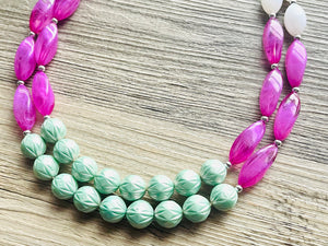 Green & Pink Double Statement Necklace, Chunky Jewelry Big Beaded Necklace, dark pink Necklace, magenta Jewelry bubble 2 strand