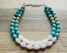 Load image into Gallery viewer, Mint Mountain Nautical Chunky Statement Necklace, Big beaded jewelry, 2 Strand Statement Necklace, blue green silver, emerald necklace olive