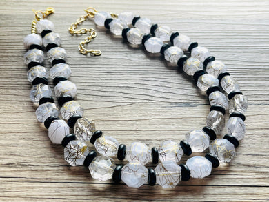 Black & Gold Jewel Statement Necklace, Chunky 2 Strand Jewelry, gold necklace, black white bib beaded necklace thick collar bead metal
