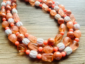 Summer Coral Beach Necklace, Bright Coral Pink Orange Beaded Jewelry, Statement Chunky Bub Silver creamsicle white peach