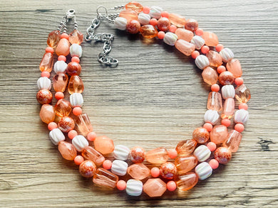 Summer Coral Beach Necklace, Bright Coral Pink Orange Beaded Jewelry, Statement Chunky Bub Silver creamsicle white peach