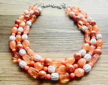 Load image into Gallery viewer, Summer Coral Beach Necklace, Bright Coral Pink Orange Beaded Jewelry, Statement Chunky Bub Silver creamsicle white peach