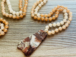 GemStone Chunky Statement Necklace, brown red striped gemstone necklace, long gem jewelry beaded necklace, agate jewelry pendant long