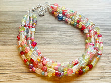 Load image into Gallery viewer, Five Strand Rainbow Ombré Statement Necklace, beaded jewelry, pastel necklace, white jewelry bridesmaid, rainbow acrylic gems