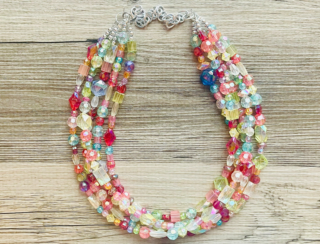 Five Strand Rainbow Ombré Statement Necklace, beaded jewelry, pastel necklace, white jewelry bridesmaid, rainbow acrylic gems