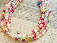 Load image into Gallery viewer, Five Strand Rainbow Ombré Statement Necklace, beaded jewelry, pastel necklace, white jewelry bridesmaid, rainbow acrylic gems